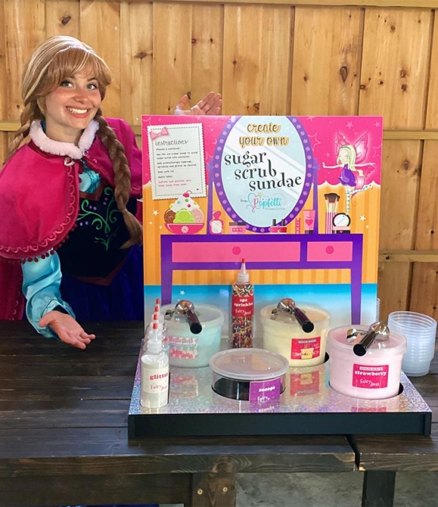 anna princess at the sugar scrub sundae fun station