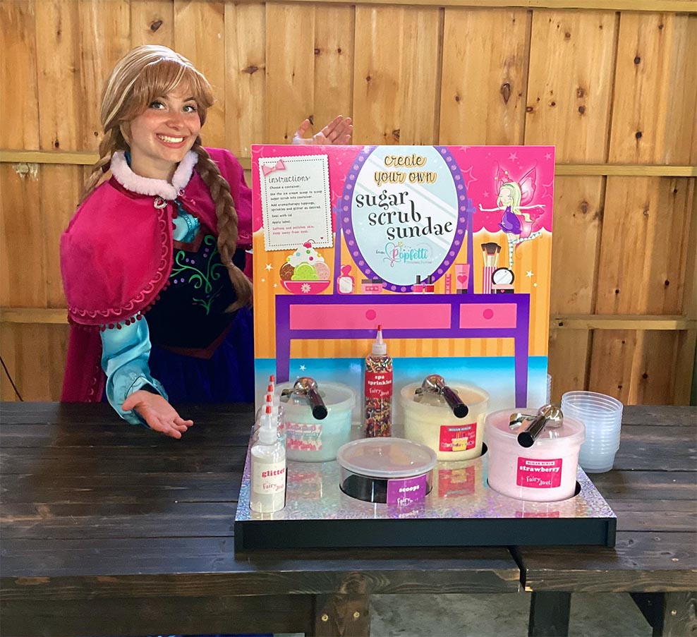 anna princess at the sugar scrub sundae fun station