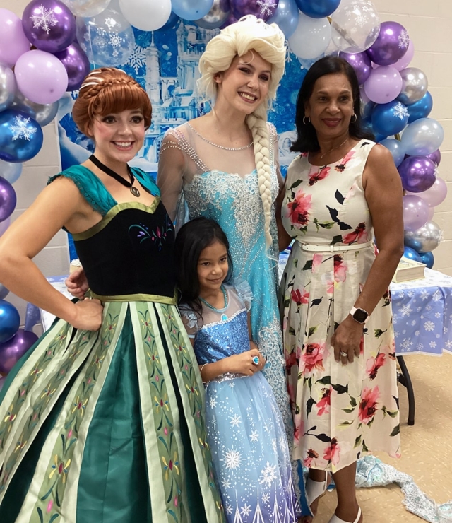 snow sisters and happy snowman at birthday party